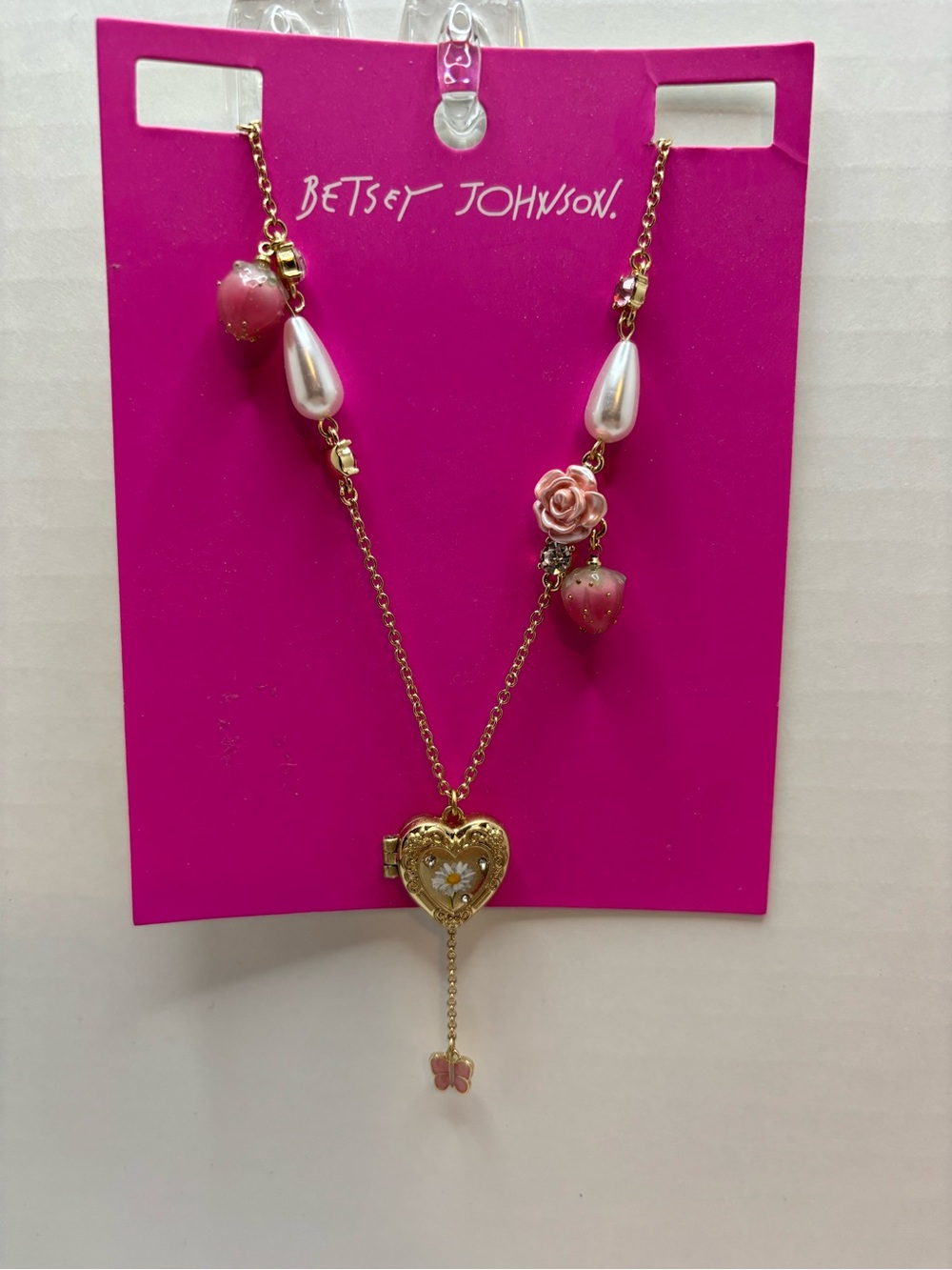 Betsey Johnson Gold Heart Locket Necklace with Pink Pearls & Charms